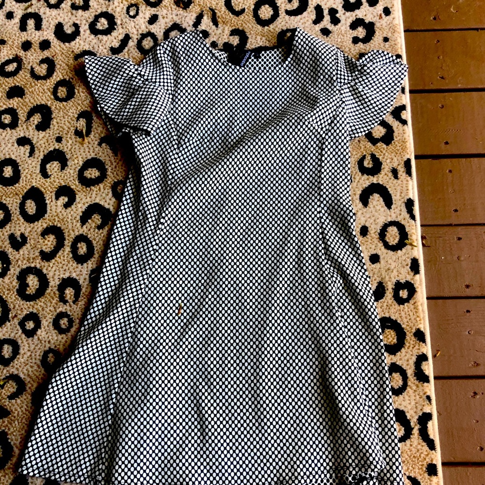 BLack and white flutter sleeve polka dot dress